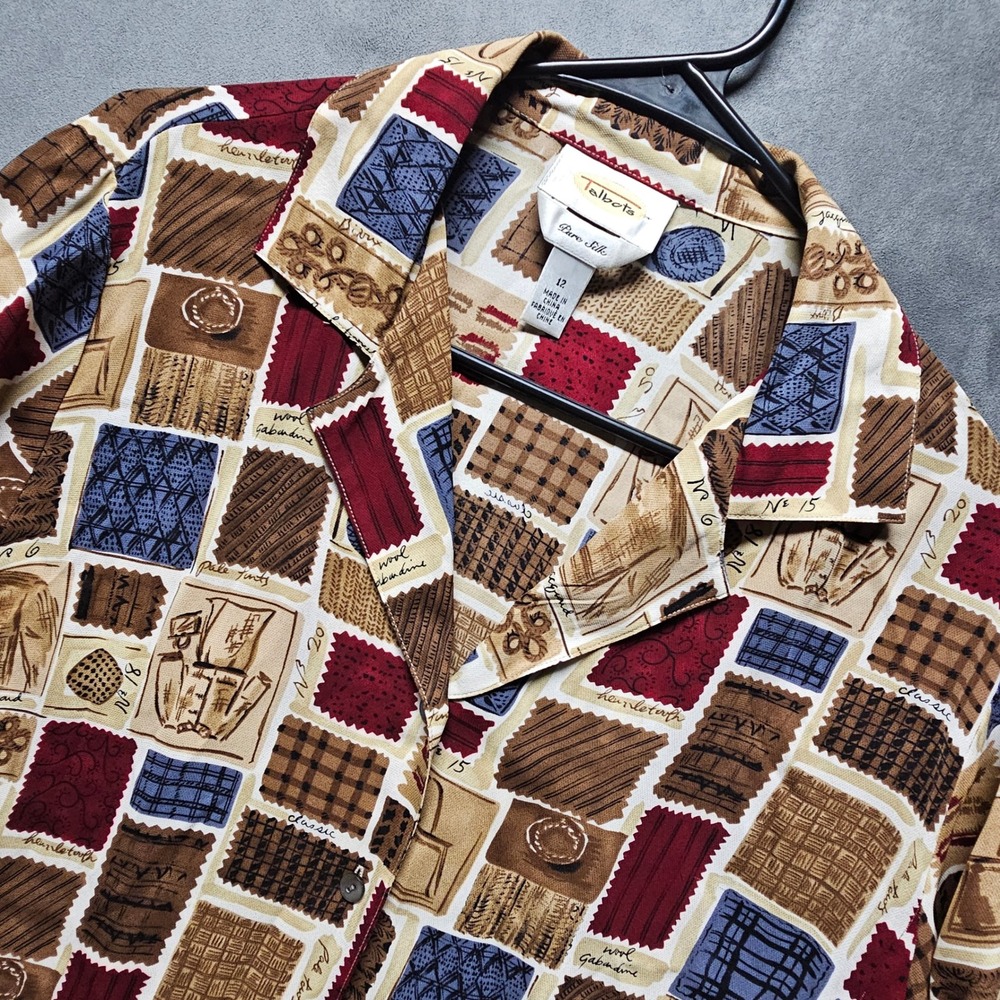 Talbots Womens Pure Silk Patchwork Novelty Print Button Front Blouse Size 12‎